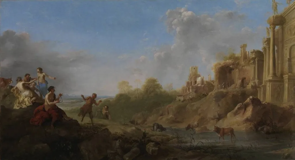 Ruinenlandschaft mit tanzendem Faun, by Dirck van der Lisse, unspecified, 1638