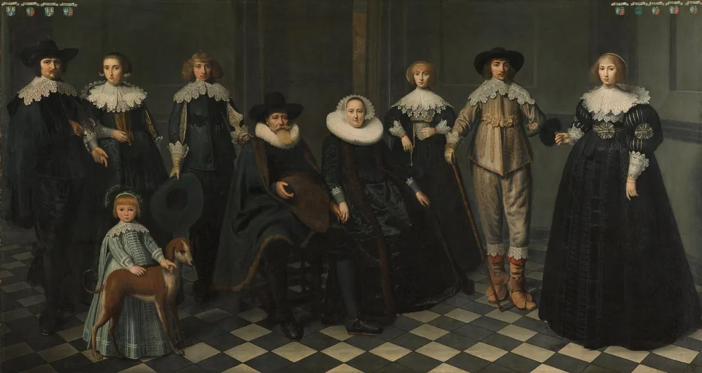 Portrait of the Family of Dirck Jacobsz Bas (1569-1637), Burgomaster of Amsterdam, and Margriet Snoeck (1588-1645), by Dirck van Santvoort, unspecified, 1634
