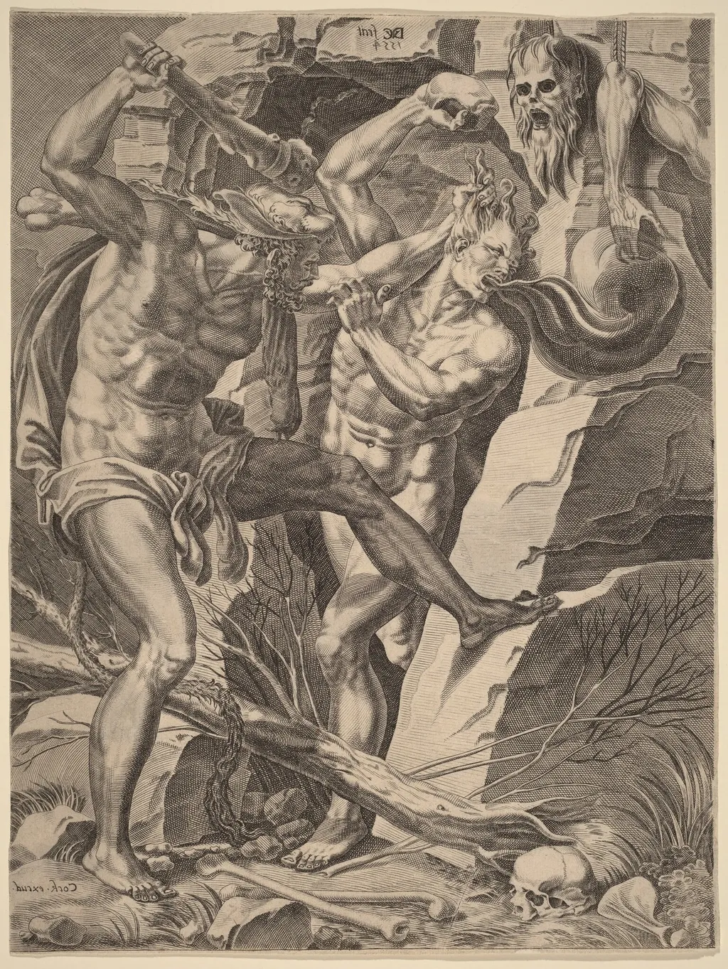 Hercules Killing Cacus, by Dirck Volckertz Coornhert, ink, 1554