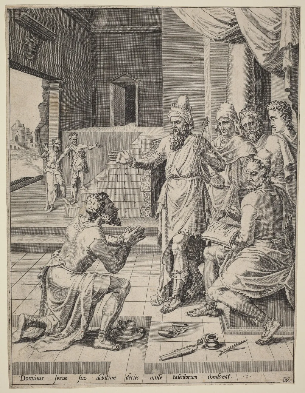 The King Forgiving His Servant His Debt, by Dirck Volckertz Coornhert, ink, 1554