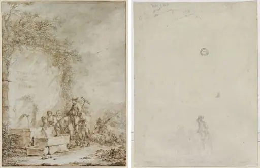Frontispiece for an Album of Drawings: Peasants at a Fountain (recto); Sketch of Peasants at a Fountain (verso), by Dirk Langendijk