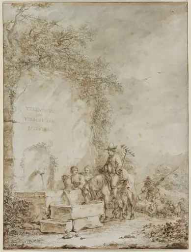 Frontispiece for an Album of Drawings: Peasants at a Fountain (recto), by Dirk Langendijk