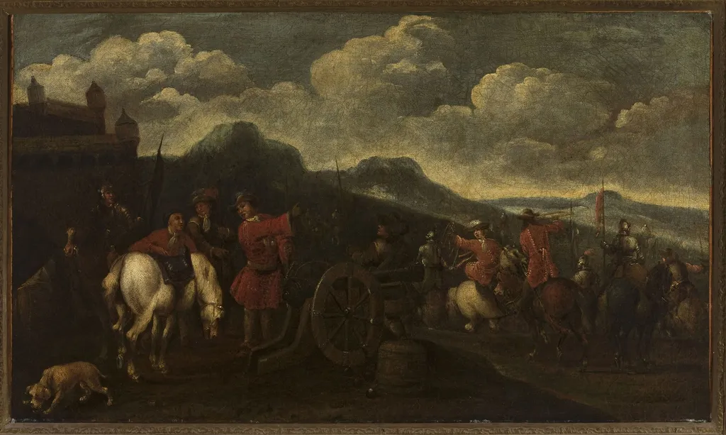 A battle scene, by Dirk Maas, oil, 1698