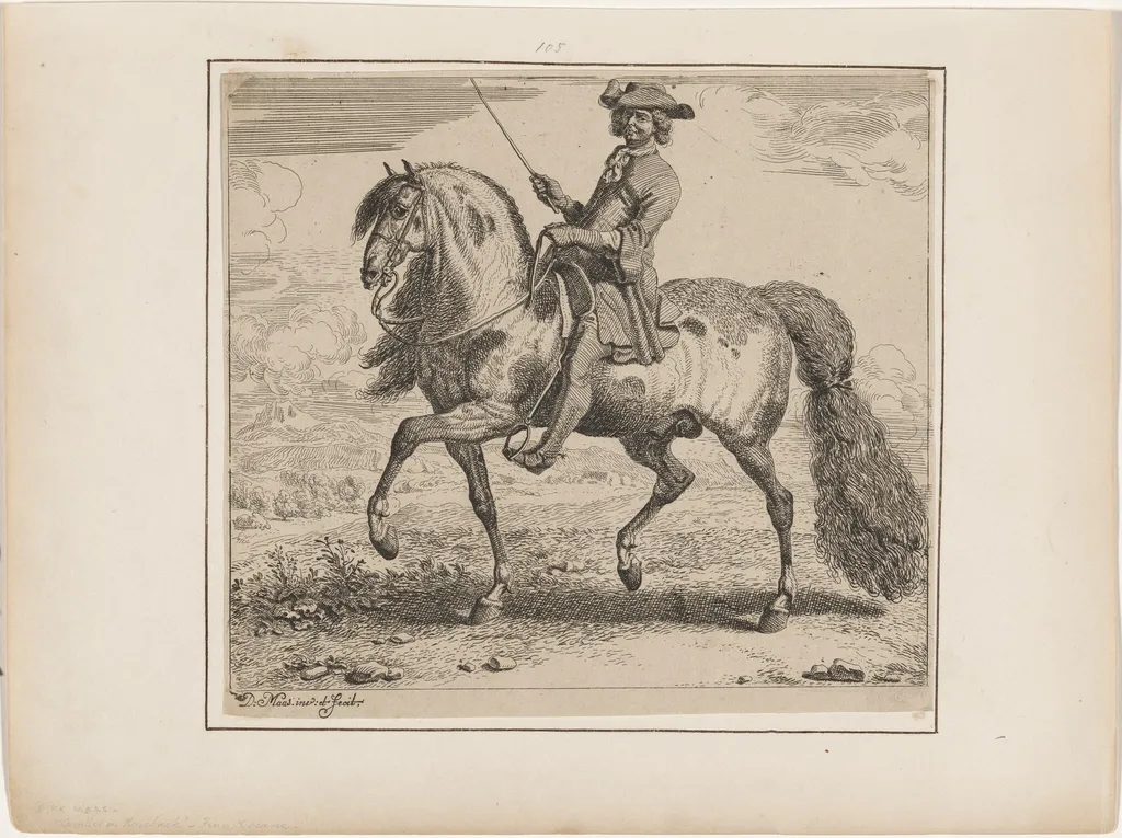 Cavalier on Horseback, by Dirk Maes, ink, 1690
