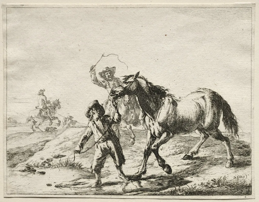 A boy taking a horse to drink, by Dirk Stoop, 1659
