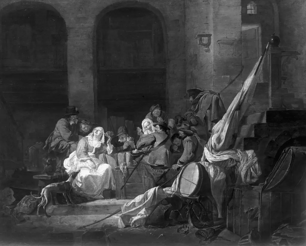 Guard room with soldiers and women, by Dirk Stoop