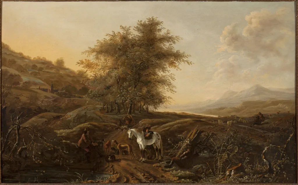 Landscape with hunters, by Dirk Stoop, oil, 1658