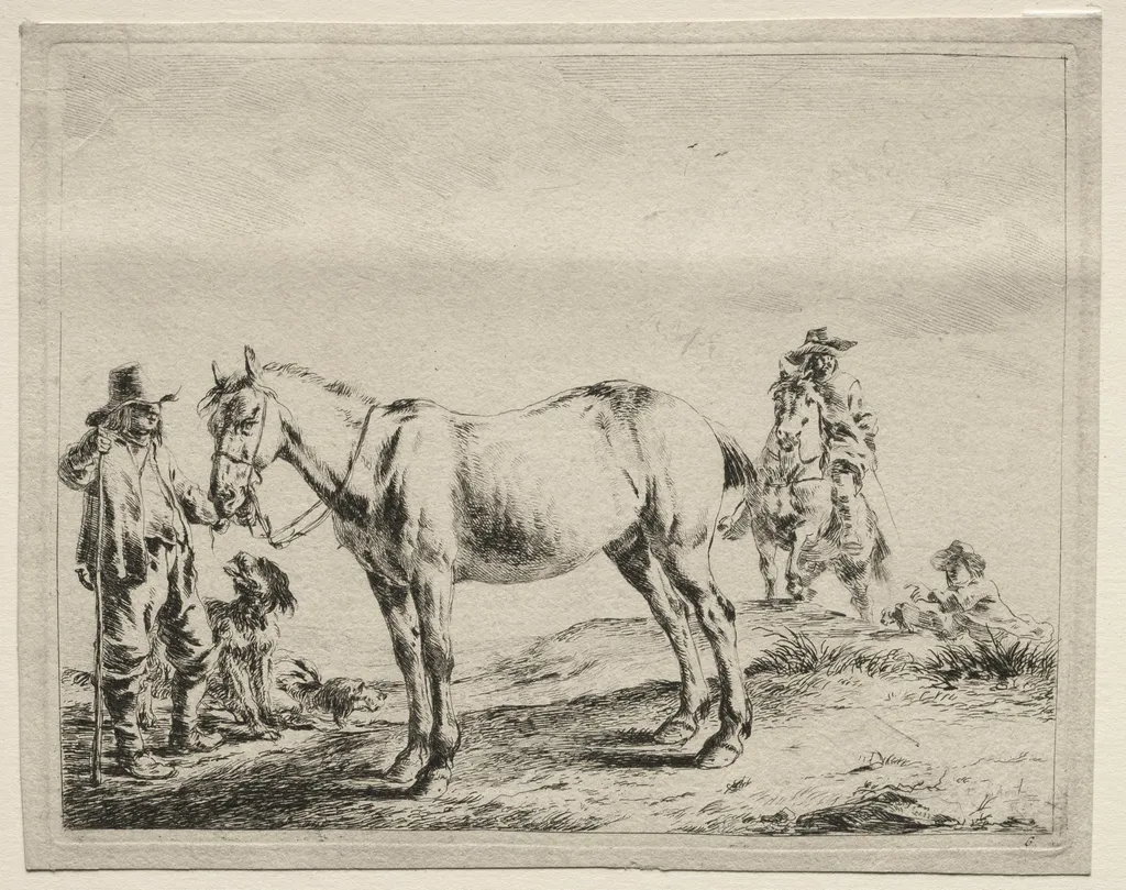 Man holding a horse by the bridle, by Dirk Stoop, 1659