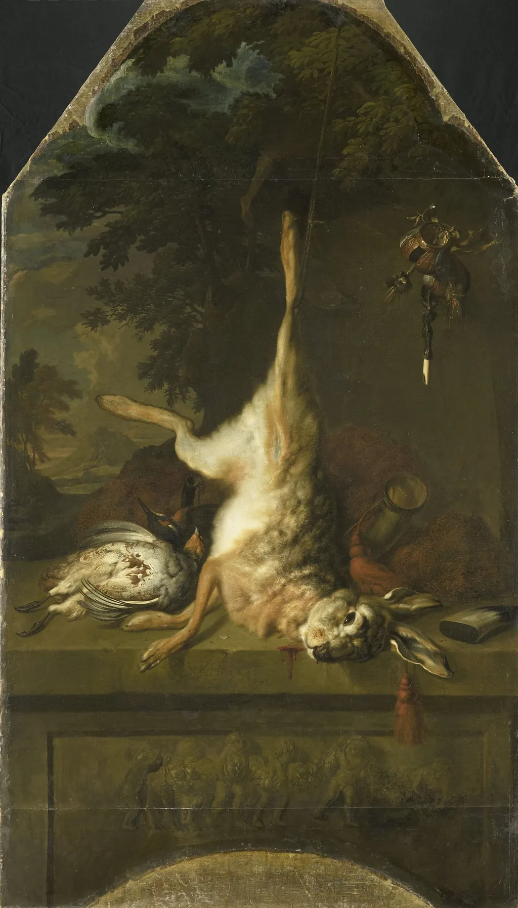Still Life with Dead Hare and Partridges, by Dirk Valkenburg, oil, 1717