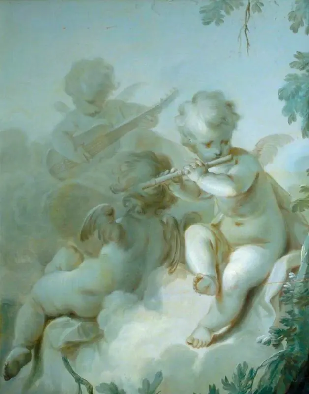 Three Cupids Playing Instruments, by Dirk van der Aa