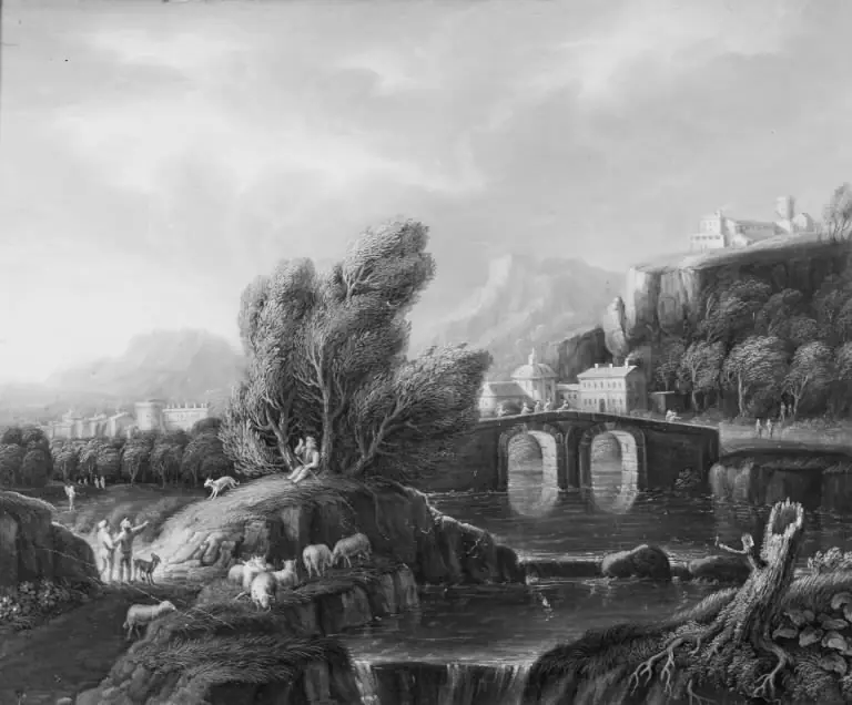 A Landscape with a Waterfall and a Stone Bridge, by Dismar Degen