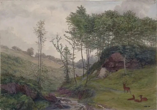 Rocky dingle with stream and deer, by Ditchfield