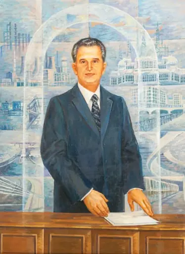 Tablou, „Epoca de aur”, atribuit Doina Catargiu. Tabloul îl prezintă pe Nicolae Ceaușescu într-un cadru oficial, la tribună. În spatele său marile realizări ale epocii sale: Casa Republicii, metroul, Canalul Dunăre - Marea Neagră, rafinării, combinate etc. Comandat și oferit de Comitetul Județean de Partid Suceava (1988)., by Doina Catargiu