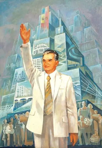 Tablou „Spre comuniste zări”, ulei pe pânză, semnat Doina Catargiu. Tabloul îl prezintă pe Nicolae Ceaușescu salutând realizările arhitecturale și industriale ale socialismului. Realizări redate în spatele său sub forma unei construcții gigantice. La baza acestei construcții stau oamenii muncii. Tablou comandat de Comitetul Județean de Partid Suceava și oferit lui Nicolae Ceaușescu cu ocazia aniversării vârstei de 71 de ani (ianuarie 1989)., by Doina Catargiu