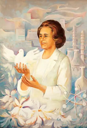 Tablou, ulei pe pânză, „Elena Ceaușescu”, semnat Doina Catargiu în partea stângă jos, nedatat. Elena Ceaușescu este reprezentată în centrul tabloului ținând în mâini un porumbel alb - simbolul păcii - cu aripile desfăcute; pe fundal un combinat petrochimic; în partea de jos a tabloului sunt reprezentate flori mari albe. În stânga jos o reprezentare a atomului. Comandat și oferit de Comitetul Județean de Partid Suceava (1985)., by Doina Catargiu