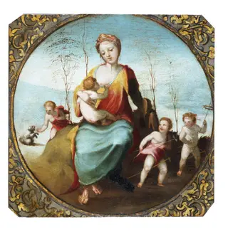 Charity suckling a Child and Surrounded by Three Children Playing with a Dog and Hobby Horses, by Domenico Beccafumi