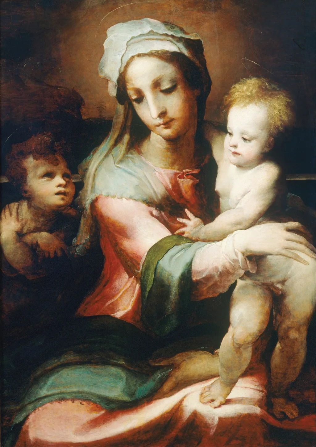 Madonna and child with infant John the Baptist, by Domenico Beccafumi, oil, 1542