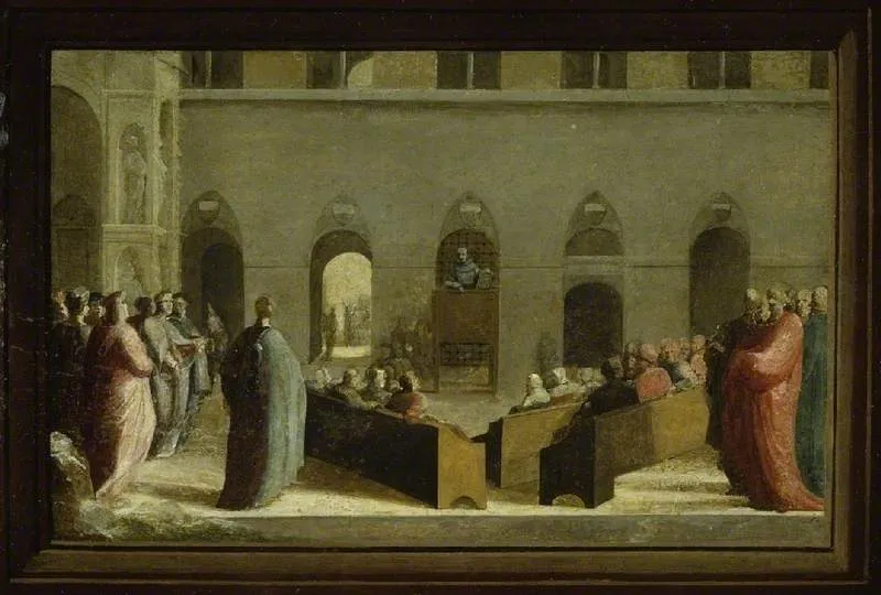 San Bernardino preaching in the Campo, Siena, by Domenico Beccafumi, oil, 1528