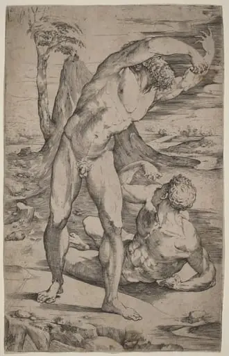 Two Male Nudes Gesturing in a Landscape, by Domenico Beccafumi