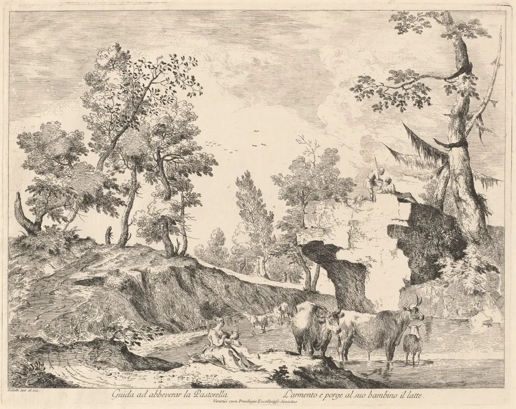 Landscape with Shepherdess and Herd at a Watering Hole, by Domenico Bernardo Zilotti, ink, 1764