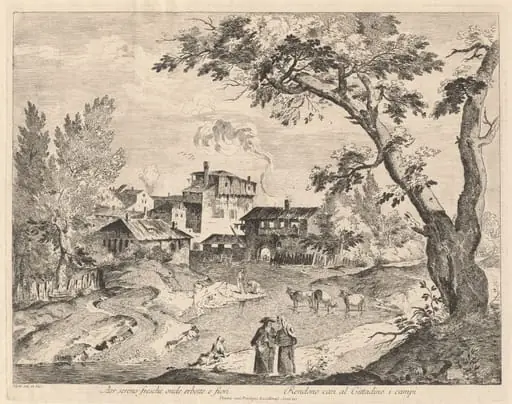Rustic Village along a River with Travelers, by Domenico Bernardo Zilotti