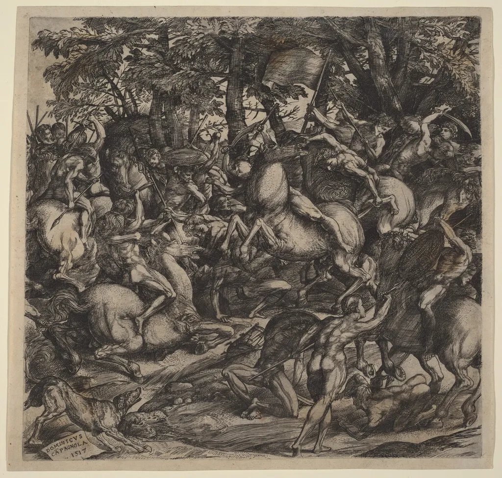 Battle of Nude Men, by Domenico Campagnola, ink, 1517