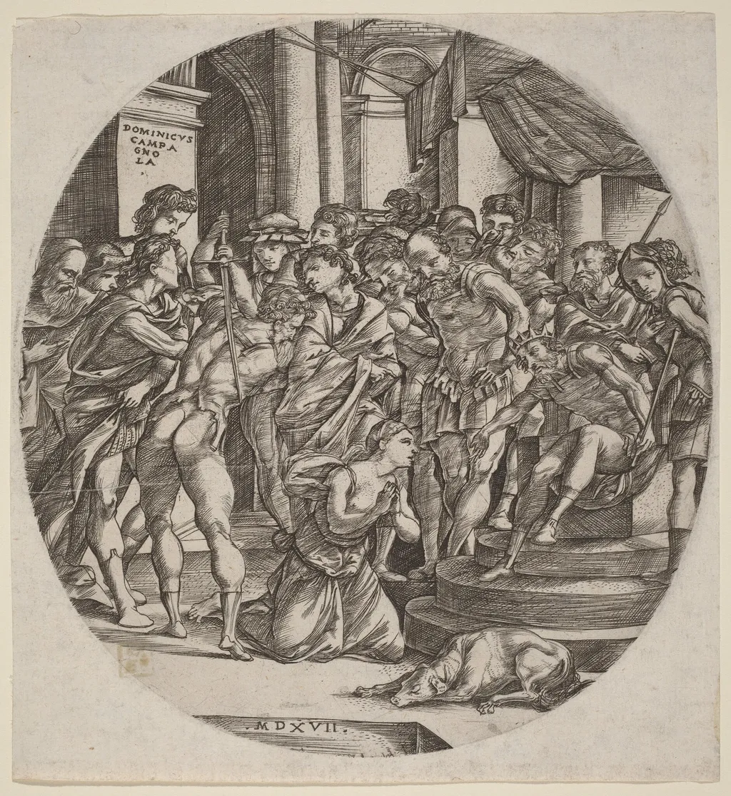 Beheading of Saint Catherine, by Domenico Campagnola, ink, 1517