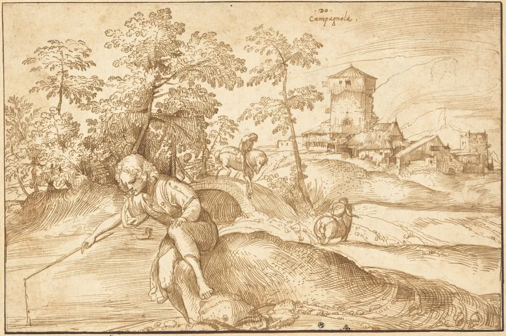 Landscape with a Boy Fishing, by Domenico Campagnola, ink, 1516