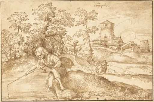 Landscape with a Boy Fishing, by Domenico Campagnola