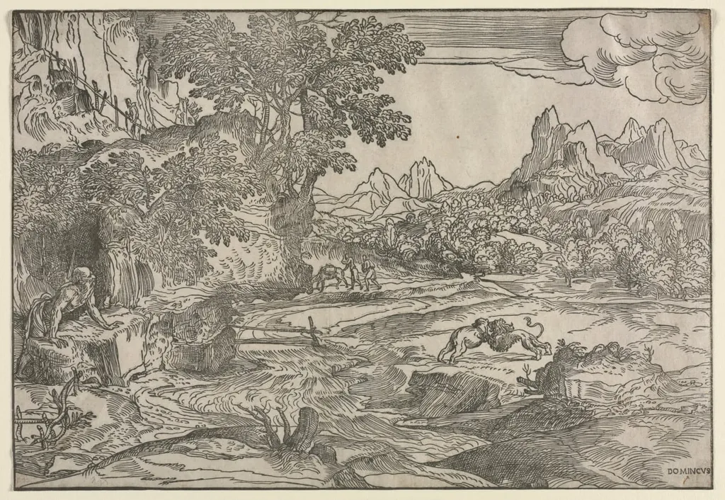 Landscape with Saint Jerome and Two Lions, by Domenico Campagnola, 1532