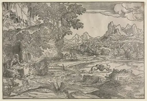 Landscape with Saint Jerome and Two Lions, by Domenico Campagnola