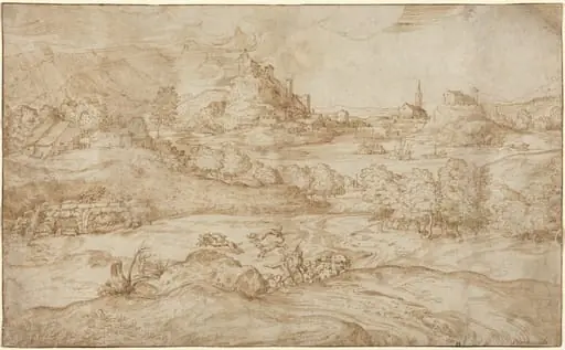 Landscape with Shepherds Driving Away a Wolf, by Domenico Campagnola