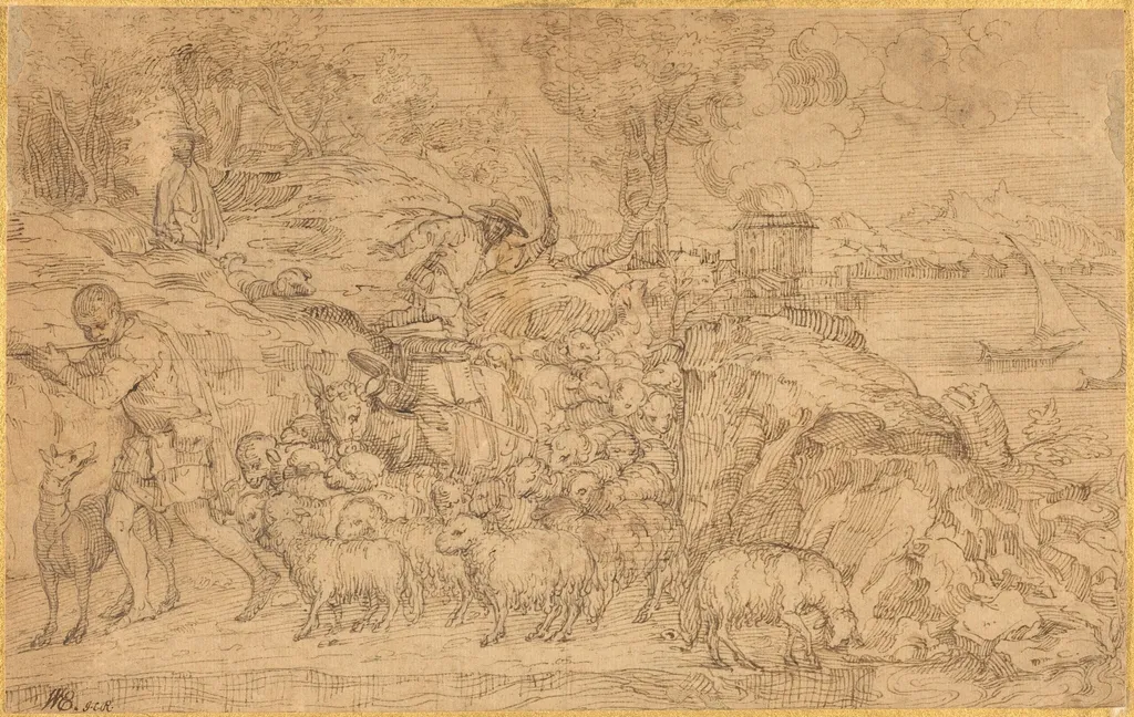 Shepherd Playing a Flute and Leading His Flock, by Domenico Campagnola, chalk, 1532