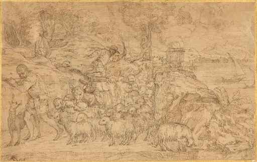 Shepherd Playing a Flute and Leading His Flock, by Domenico Campagnola