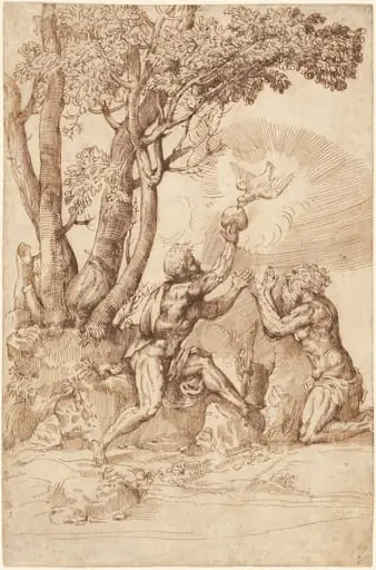 The Hermit Saints Paul and Anthony Receiving Bread from a Dove, by Domenico Campagnola