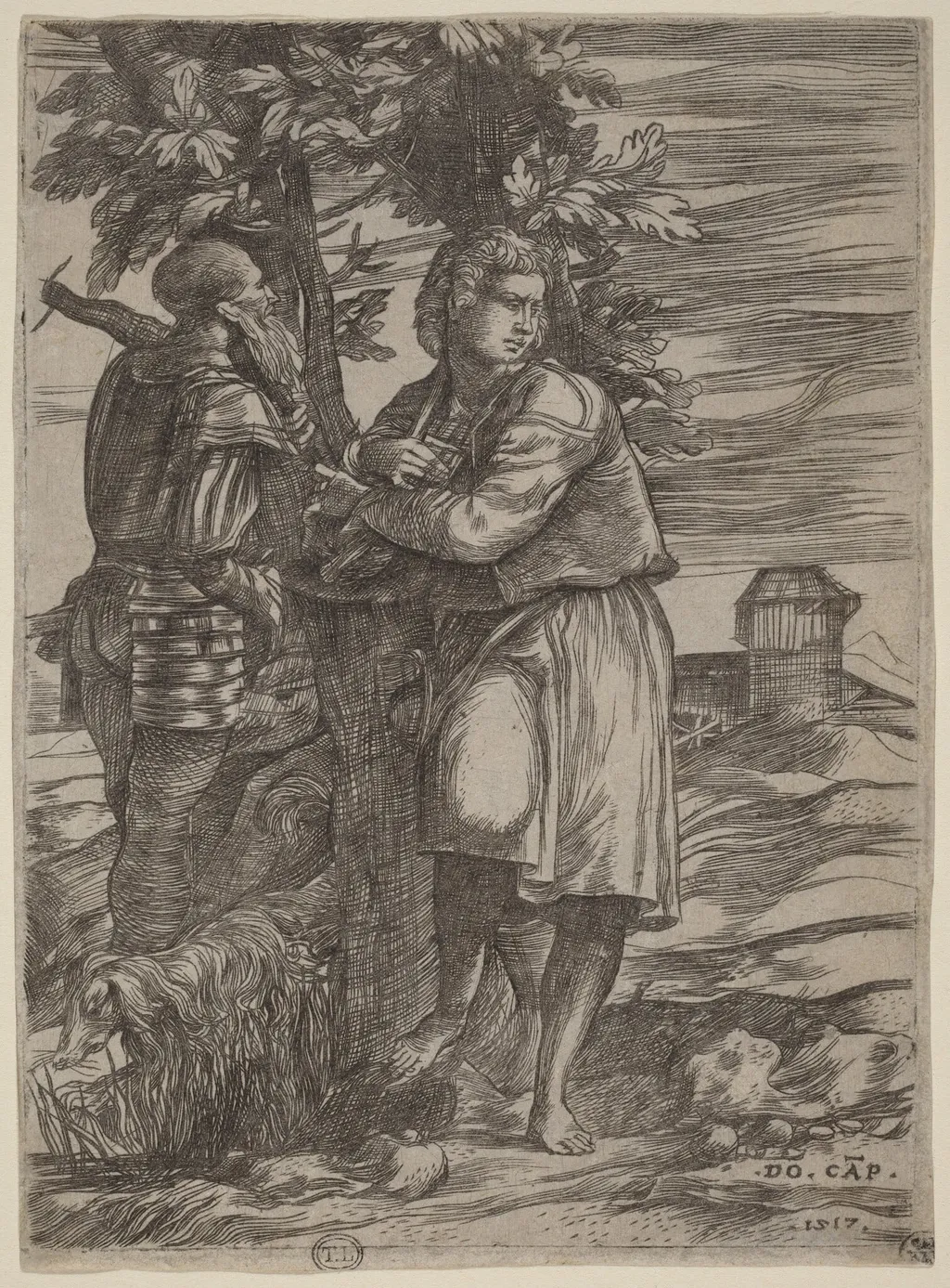 The Shepherd and the Old Warrior, by Domenico Campagnola, ink, 1517