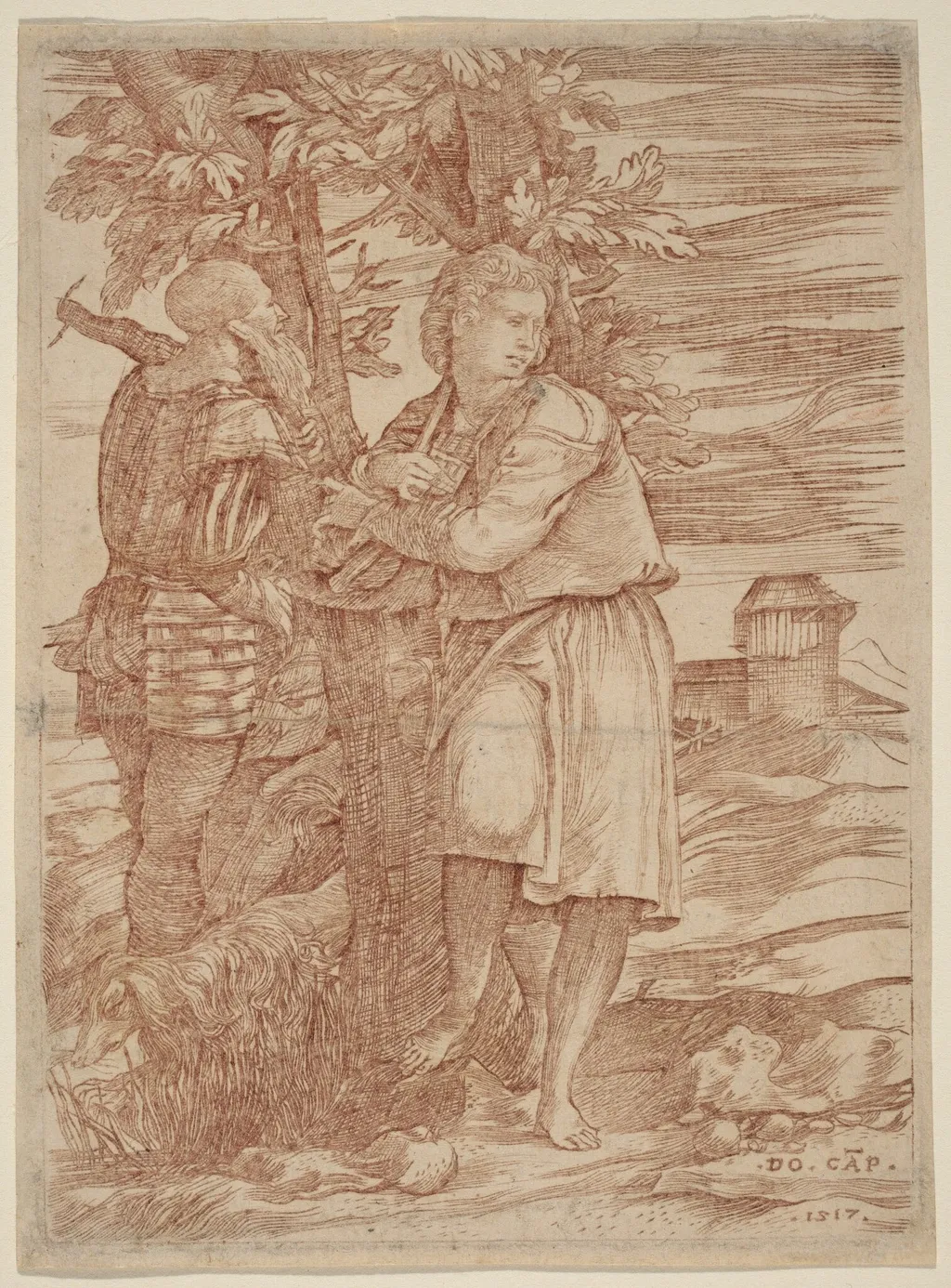 The Shepherd and the Old Warrior, by Domenico Campagnola, ink, 1517