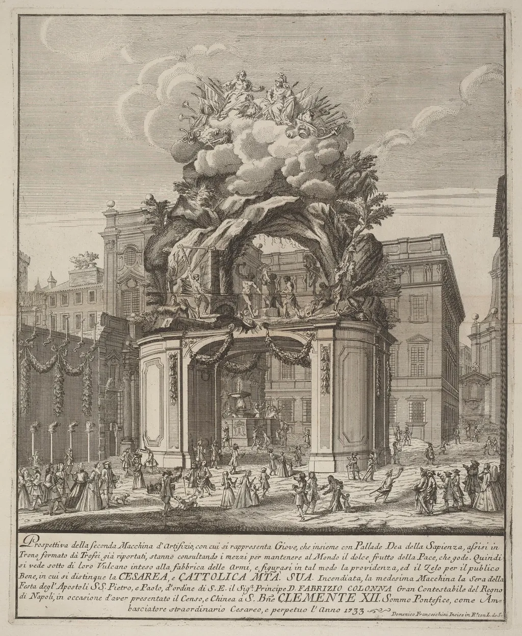 The Seconda Macchina for the Chinea of 1733: Jupiter and Minerva and the Forge of Vulcan, by Domenico Franceschini, ink, 1733