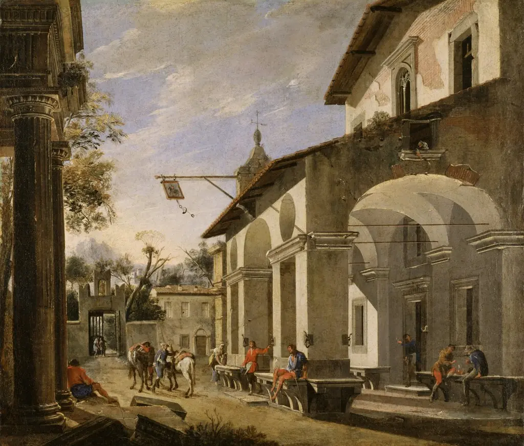 Courtyard of an Inn with Classical Ruins, by Domenico Gargiulo