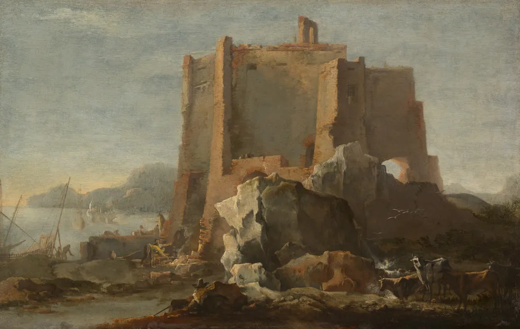 Landscape with Rock and Fortress, by Domenico Gargiulo, oil, 1645