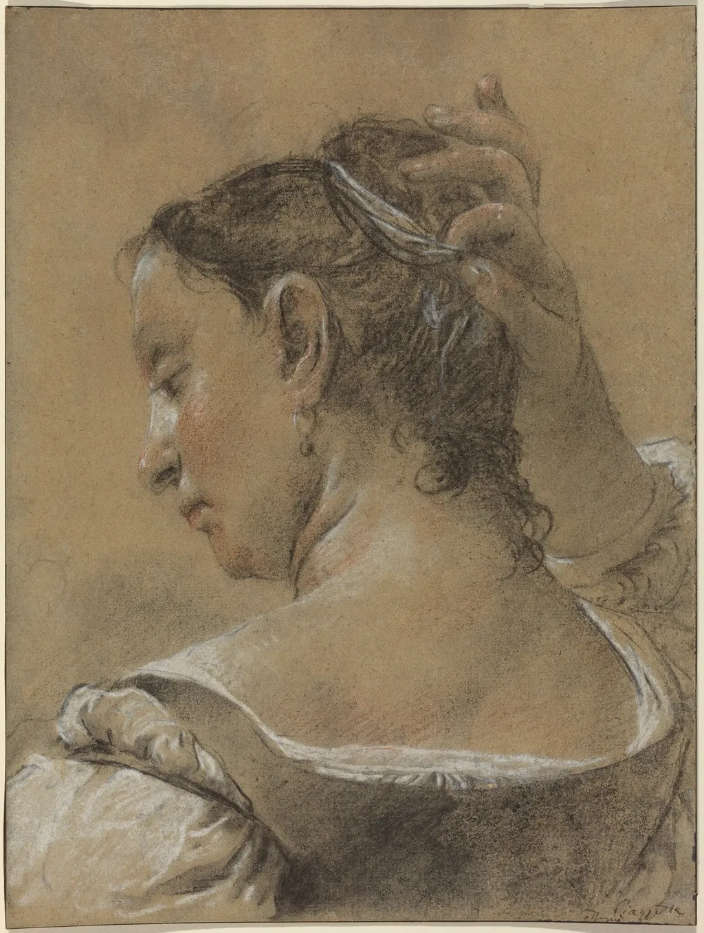 A Young Woman Fixing Her Hair, by Domenico Maggiotto, chalk, 1745