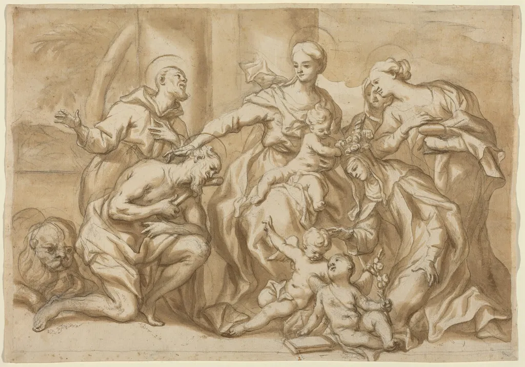 Madonna Surrounded by Saints, by Domenico Piola, charcoal, 1665