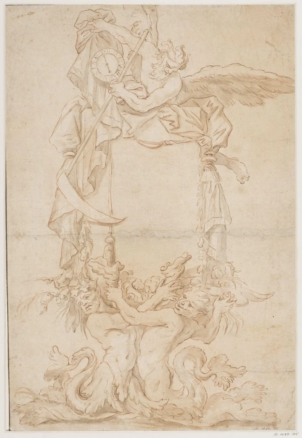 Ornamental design, probably for a title page: a figure of Time resting on a cartouche held up by a pair of tritons and holding a clock, by Domenico Piola, 1650