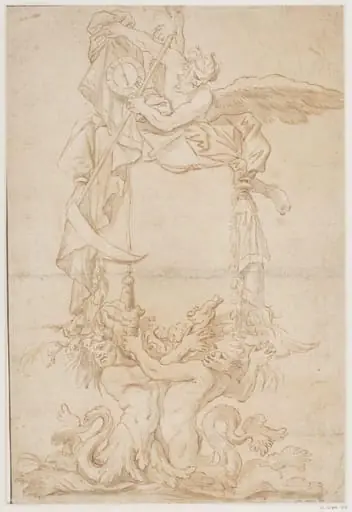 Ornamental design,  probably for a title page: a  figure of Time resting on a  cartouche held up by a pair  of tritons and holding a clock, by Domenico Piola