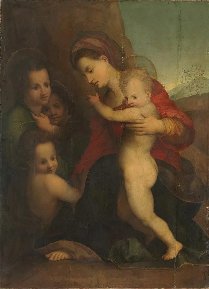 Mary with Child, John the Baptist, and Angels, by Domenico Puligo, oil