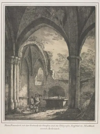 Notable Buildings of the Middle Ages in Germany: Ruins of the Church of the Virgin with the Tomb of Genevieve and Siegfried, Count Palatine of the Rhine, in the Moselle Valley near Andernack, by Domenico Quaglio the Younger