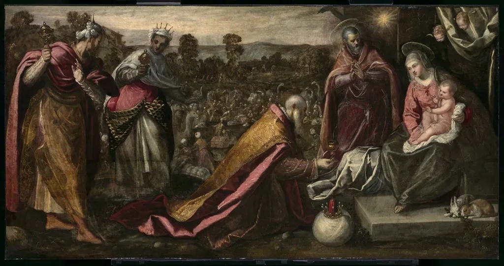 Adoration of the Magi, by Domenico Tintoretto, oil, 1605