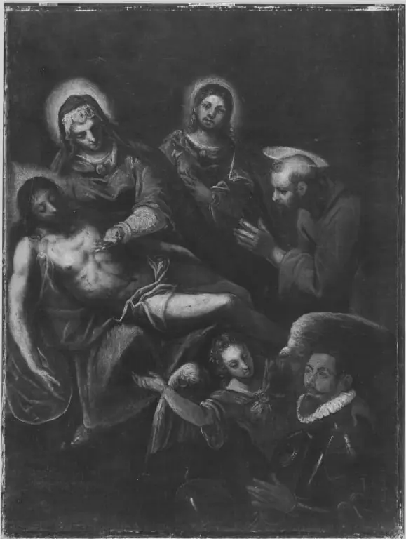 Beweinung Christi mit den hll. Johannes, Franziskus und einem Stifter (Werkstatt), by Domenico Tintoretto