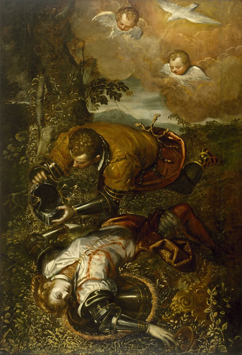 Tancred Baptizing Clorinda, by Domenico Tintoretto, oil, 1597