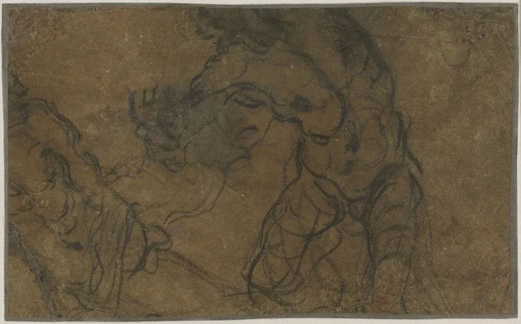 Two Male Figures in Motion (verso), by Domenico Tintoretto, chalk, 1602